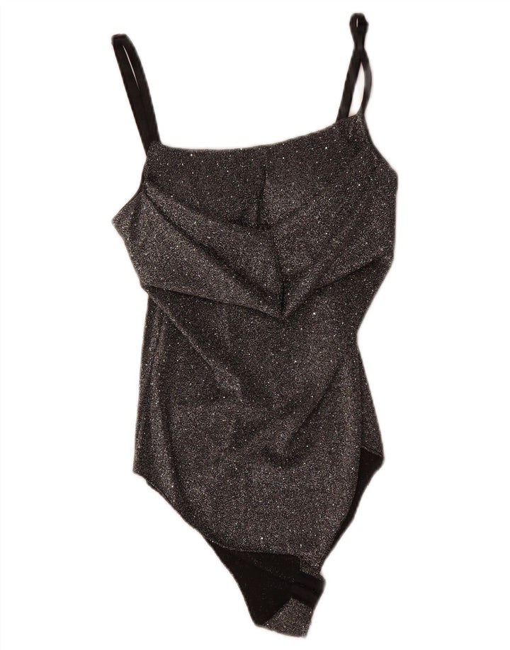 Vintage Damen Ärmelloser Body UK 8 Small Schwarz geflecktes Polyester