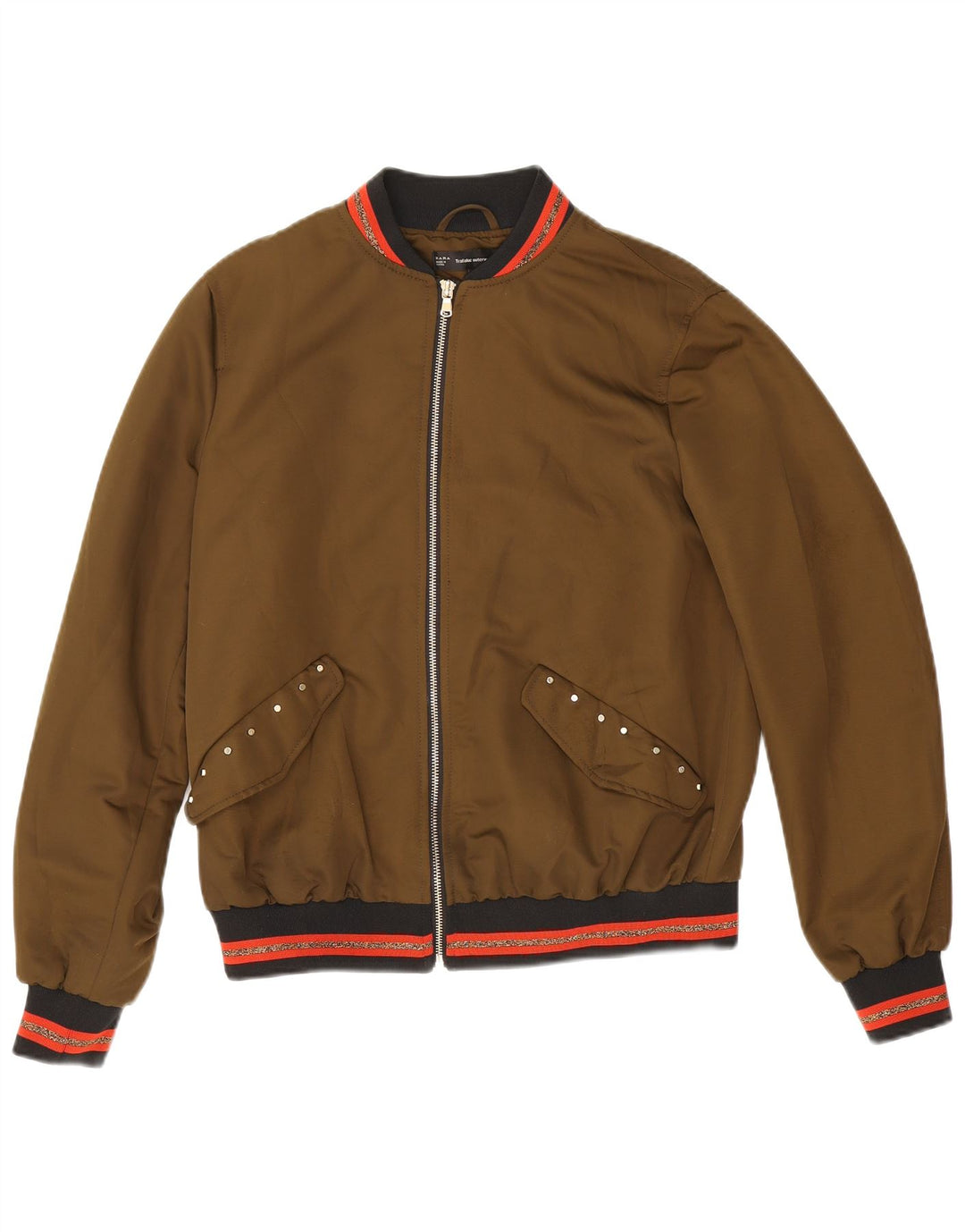Grafische Bomberjacke für Damen von Zara, UK 14, mittleres Khaki gestreift