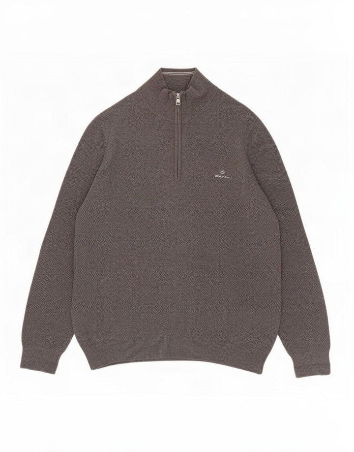 Gant Herren-Pullover mit Reißverschluss am Hals, groß, aus grauer Baumwolle