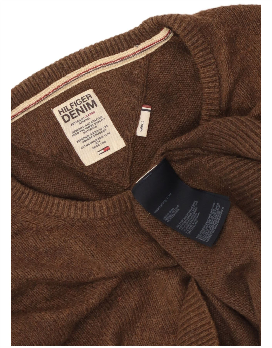 Tommy Hilfiger Herren-Pullover mit Rundhalsausschnitt, Größe S, braune Baumwolle