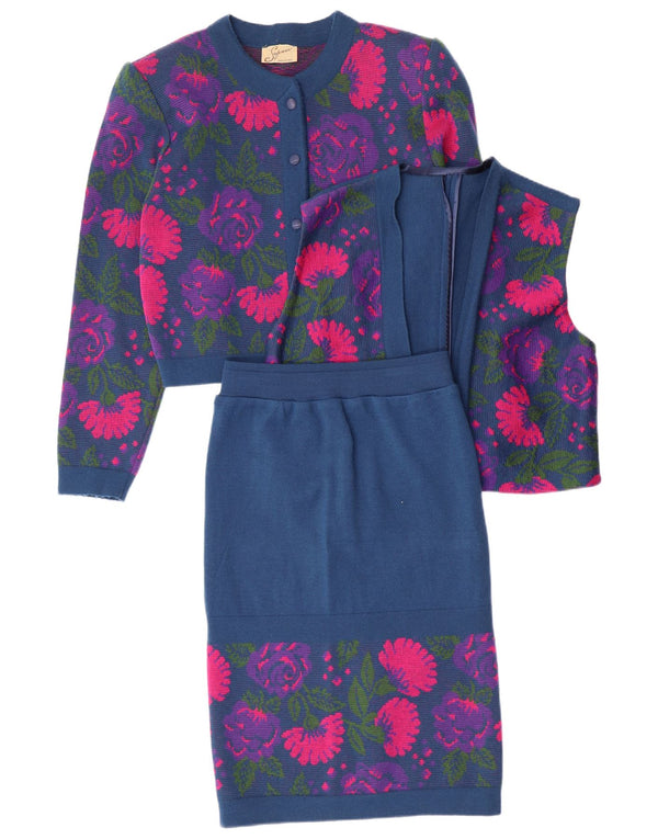 VINTAGE 3-teiliges Damen-Set IT 46 Groß W26 Marineblaue geblümte Schurwolle