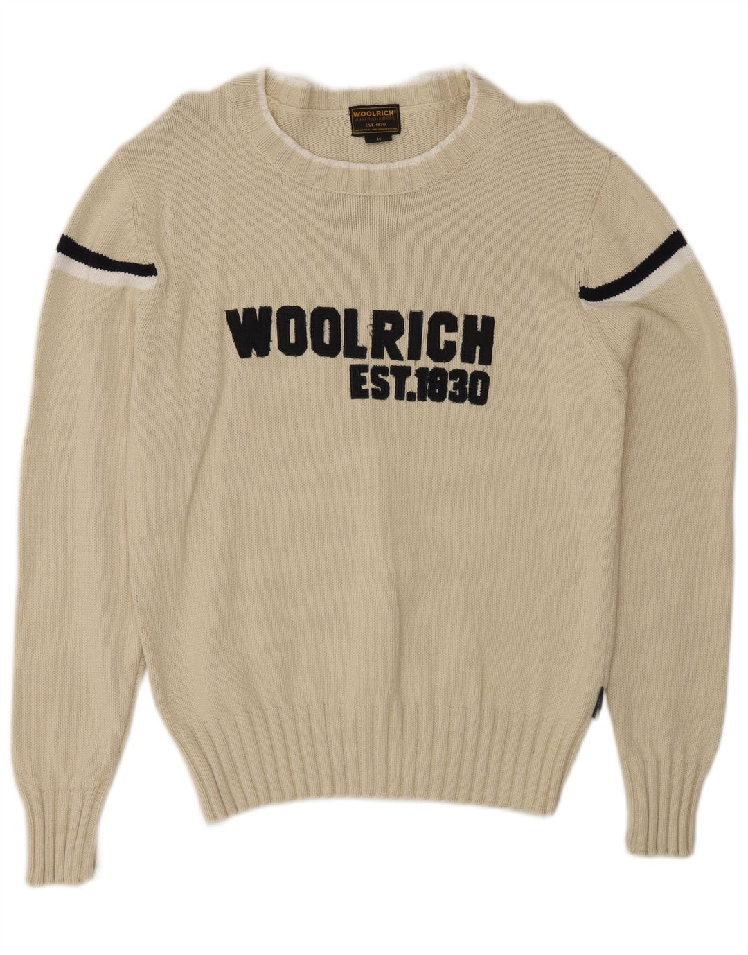Woolrich Herren-Pullover mit grafischem U-Boot-Ausschnitt, mittelgroß, cremefarben gestreift