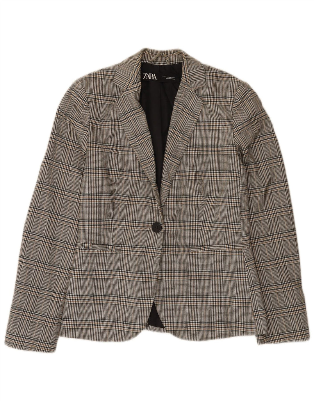 Zara Damen 1-Knopf-Blazerjacke EU 34 2XS grau kariertes Polyester