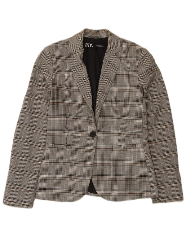 Zara Damen 1-Knopf-Blazerjacke EU 34 2XS grau kariertes Polyester