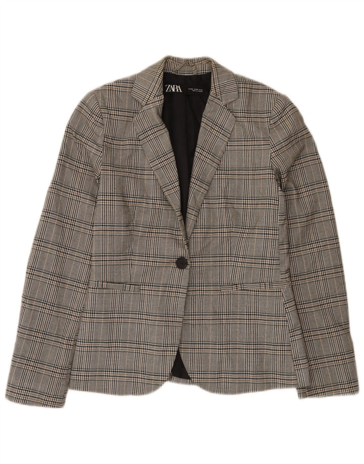 Zara Damen 1-Knopf-Blazerjacke EU 34 2XS grau kariertes Polyester