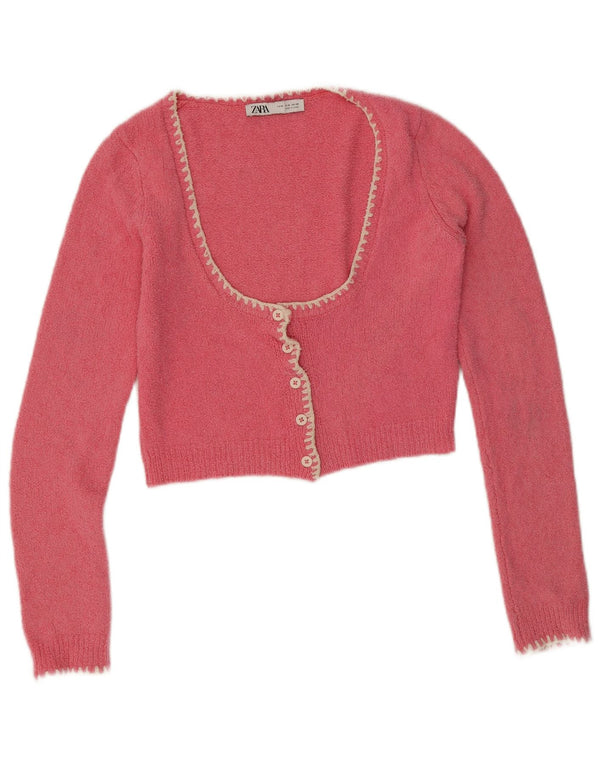 Zara Damen Crop Cardigan Pullover UK 12 Mittelrosa Baumwolle
