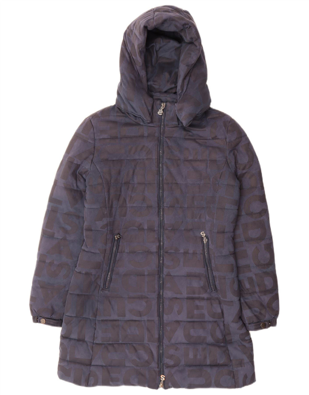 Desigual Womens Graphic Hooded Wattierter Mantel EU 40 Mittelmarineblaues Polyester