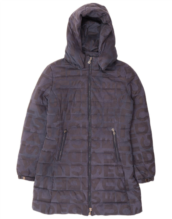 Desigual Womens Graphic Hooded Wattierter Mantel EU 40 Mittelmarineblaues Polyester