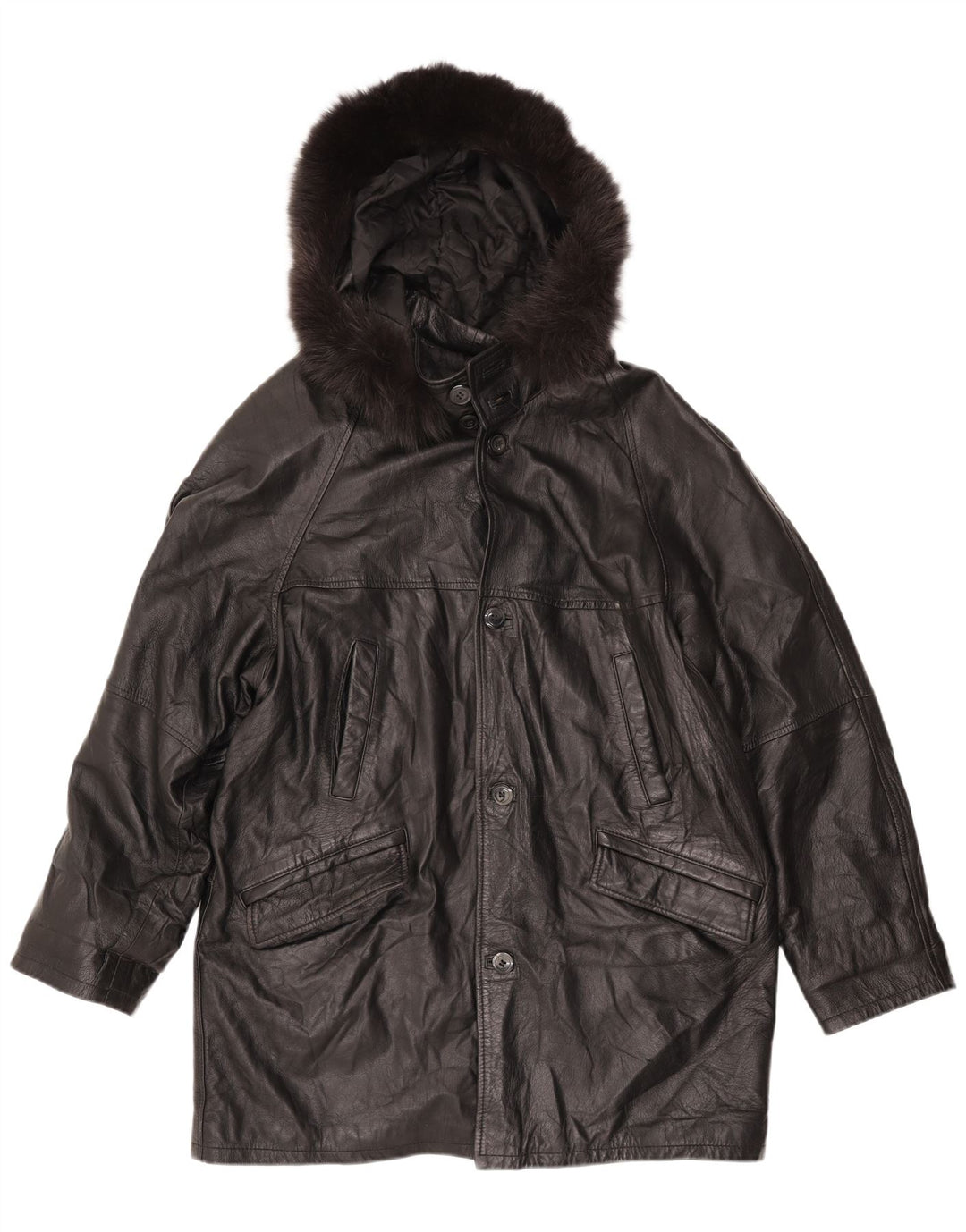 Vintage Damen Loose Fit Ledermantel mit Kapuze UK 18 XL Schwarzes Leder