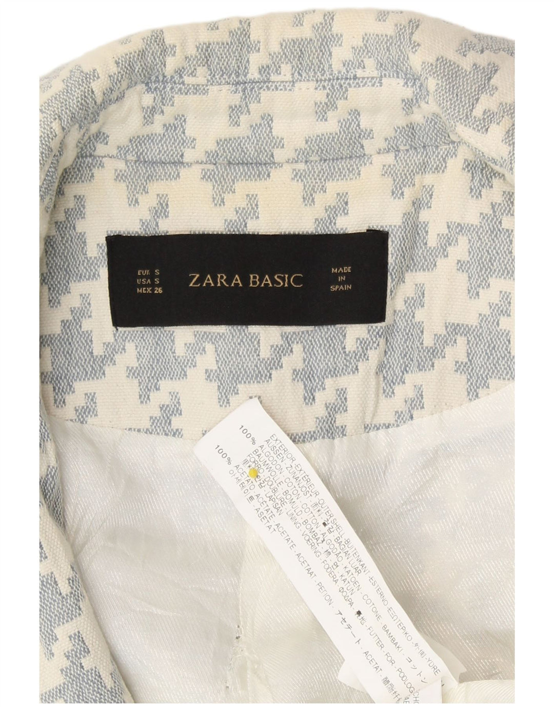 Zara Damen-Blazer mit lockerer Passform, Gr. 10, Größe S, weiße Baumwolle mit Hahnentrittmuster