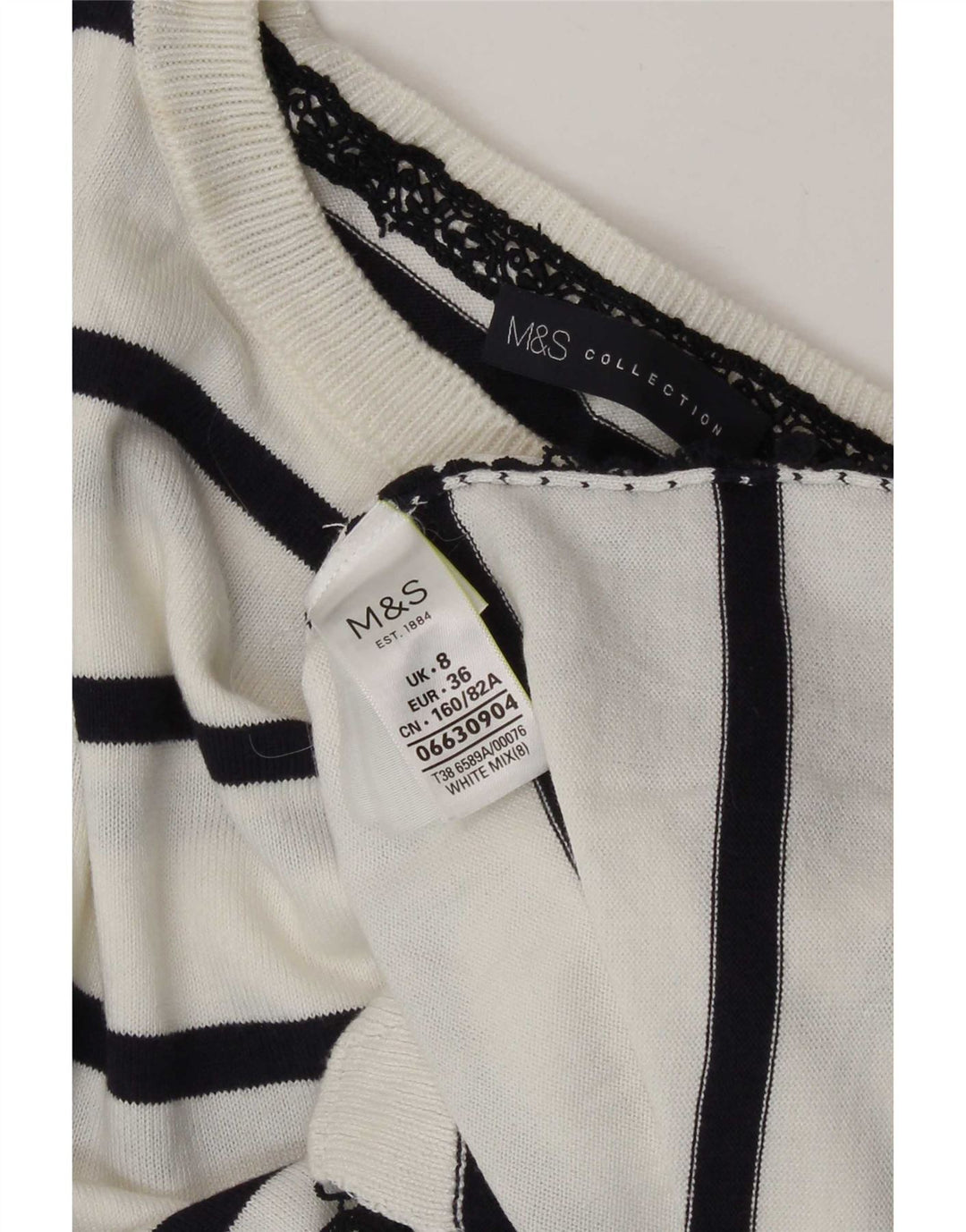 Marks & Spencer Damen-Top, 3/4-Ärmel, UK-Größe 8, Größe S, weiß, gestreift, Baumwolle