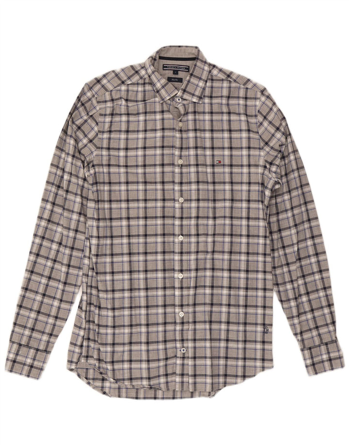 Tommy Hilfiger Herren-Slim-Fit-Hemd, klein, grau kariert, Baumwolle