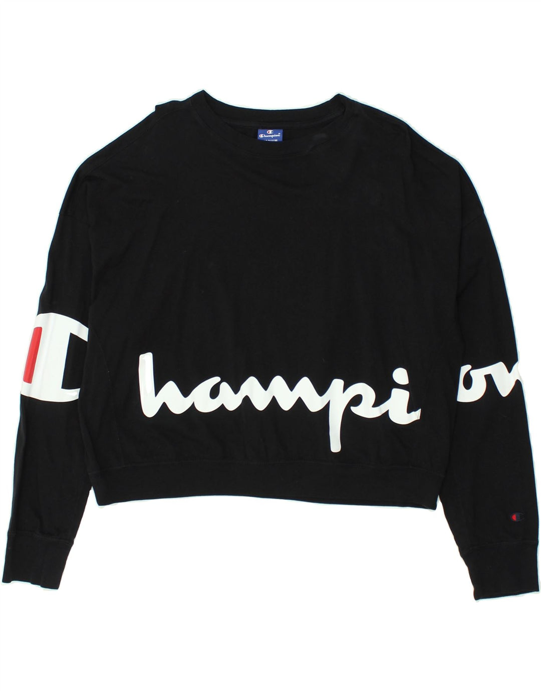 CHAMPION Womens Graphic Crop Sweatshirt Pullover UK 14 Mittelschwarze Baumwolle