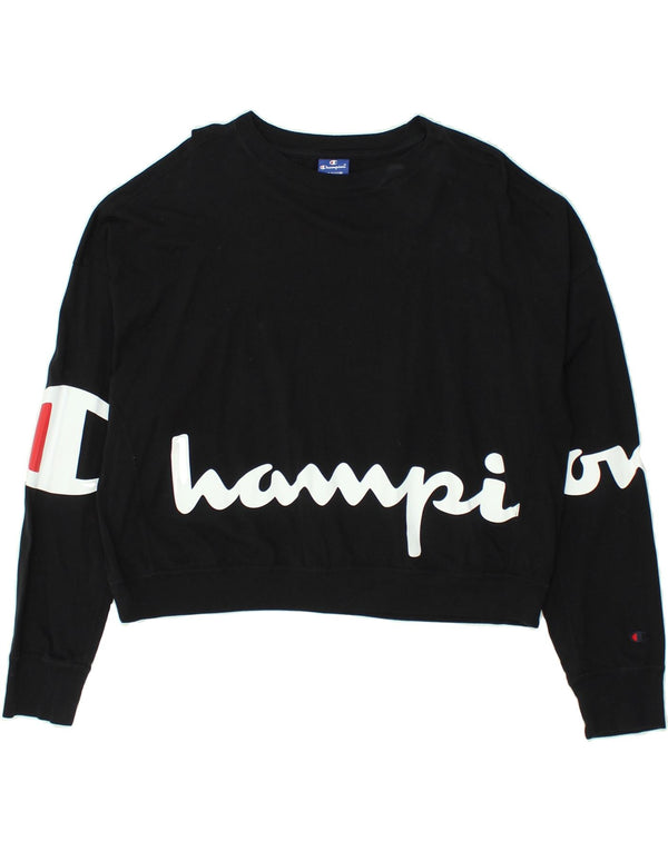 CHAMPION Womens Graphic Crop Sweatshirt Pullover UK 14 Mittelschwarze Baumwolle