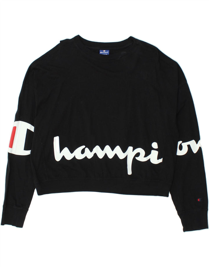 CHAMPION Womens Graphic Crop Sweatshirt Pullover UK 14 Mittelschwarze Baumwolle
