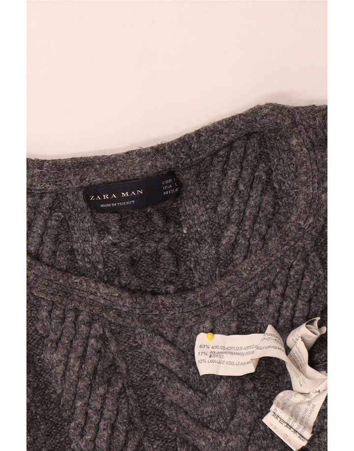 Zara Herren-Pullover mit Rundhalsausschnitt, groß, grau geflecktes Acryl