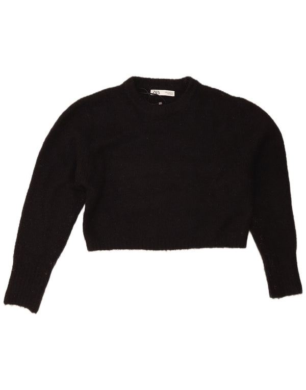 Zara Damen Crop Crew Neck Pullover Pullover UK 14 Medium Schwarz Acryl