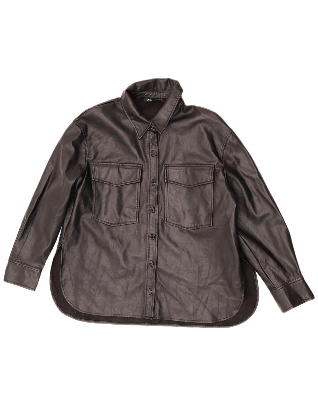 Zara Damen Kunstlederhemd UK 14 Medium Schwarz Polyester