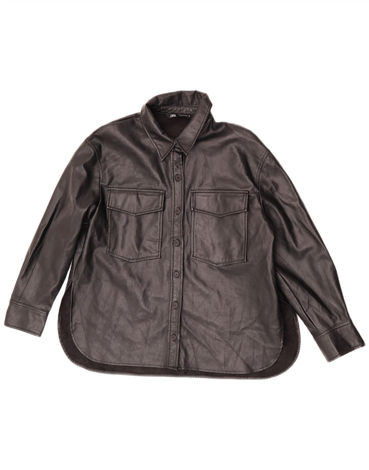 Zara Damen Kunstlederhemd UK 14 Medium Schwarz Polyester