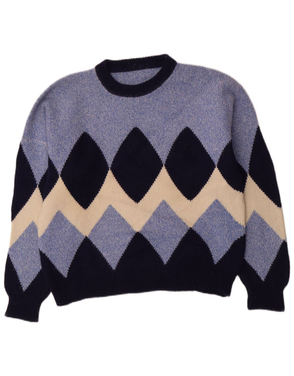Vintage Mens Crew Neck Jumper Sweater Small Blue Argyle/Diamond