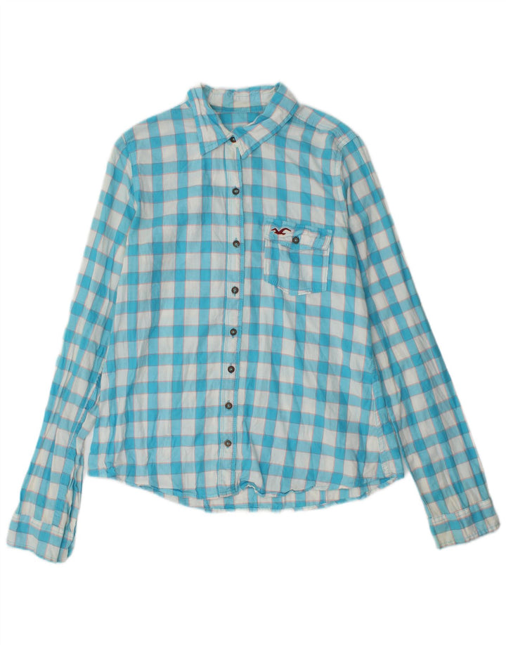 Hollister Damen-Hemd UK 12 aus mittelblauer Gingham-Baumwolle