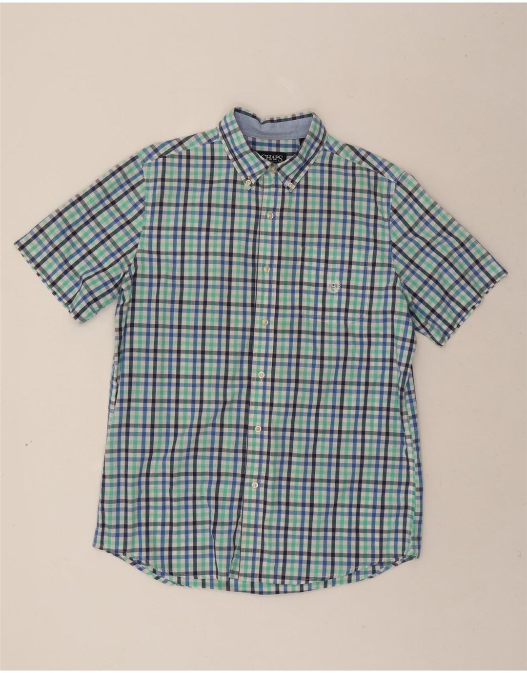 CHAPS Mens Easy Care Short Sleeve Shirt Medium Blue Check Cotton Vintage Chaps and Second-Hand Chaps from Messina Hembry 