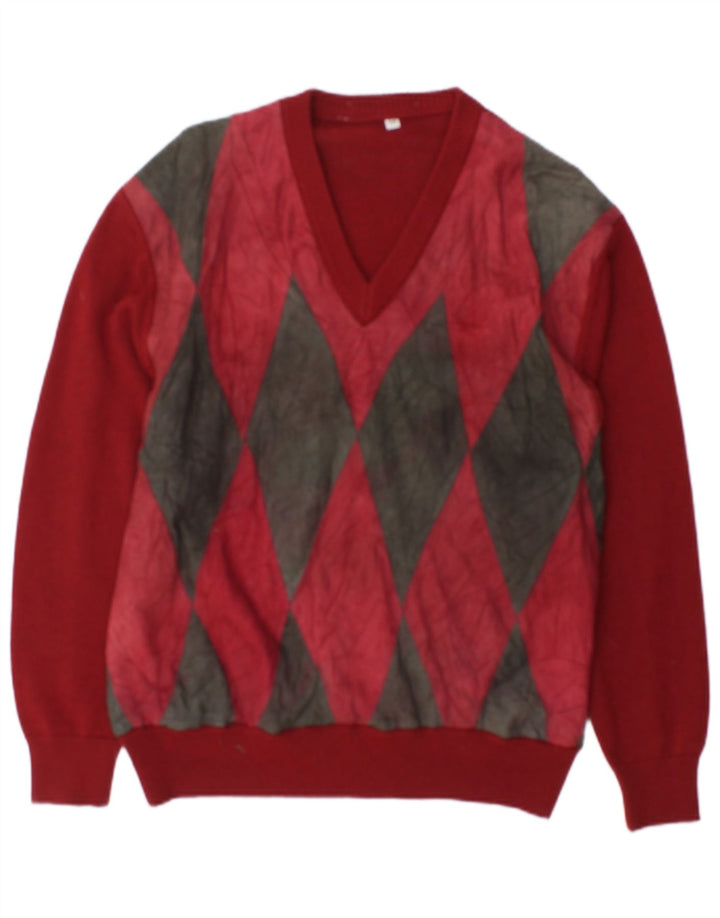 Vintage Herren V-Ausschnitt Pullover Pullover IT 48 Medium Burgunder Argyle/Diamant
