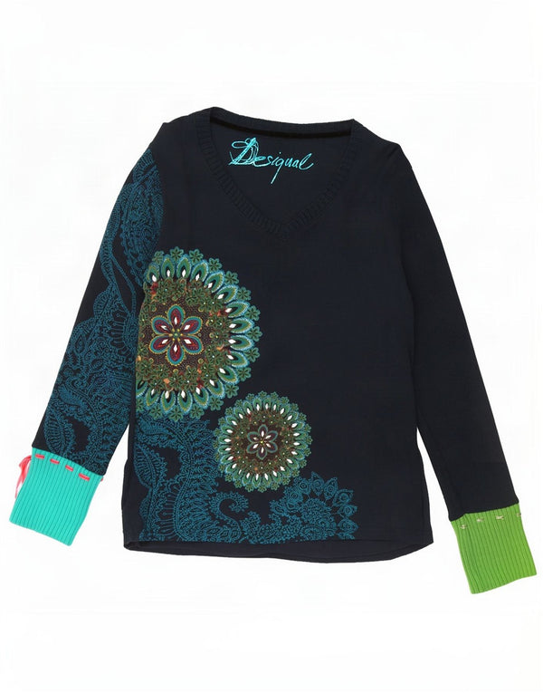 Desigual Damen Grafik-Top mit langen Ärmeln, UK 18, XL, Marineblau, Blumenmuster, Baumwolle