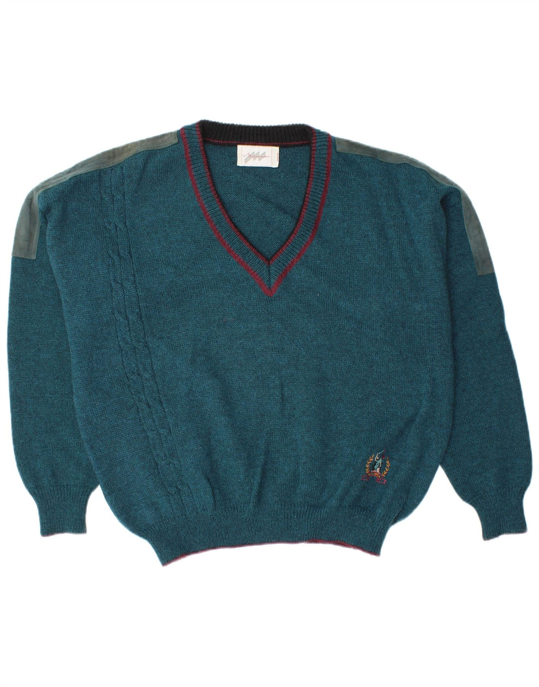 Vintage Herren-Pullover mit V-Ausschnitt, große blaue Colourblock-Wolle