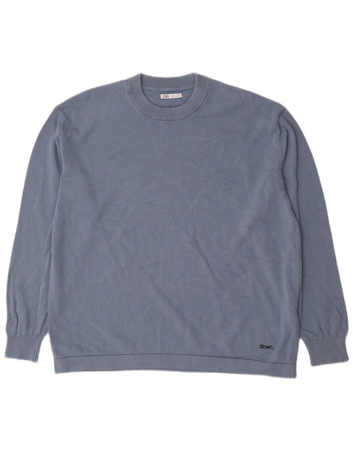 Zara Herren-Pullover mit Rundhalsausschnitt, groß, aus blauer Baumwolle