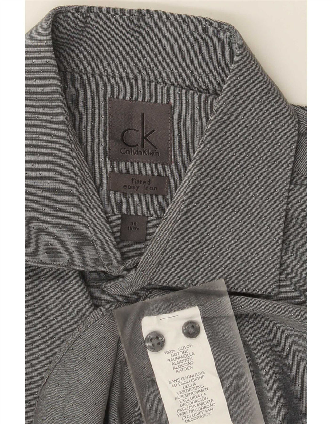 Calvin Klein Herren-Hemd, tailliert, Größe 39, 15 1/2, mittelgrau gefleckte Baumwolle