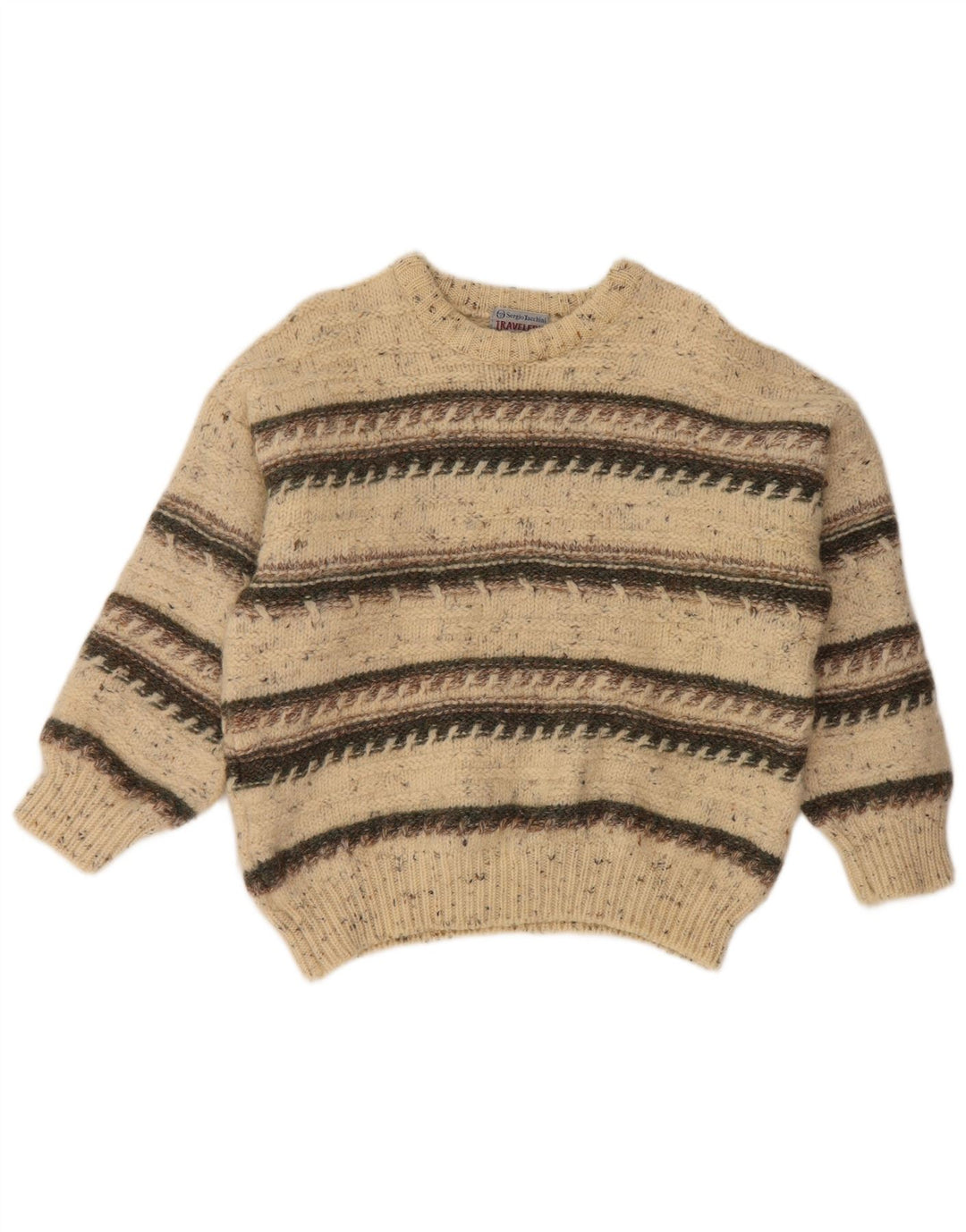 SERGIO TACCHINI Damen-Pullover mit Rundhalsausschnitt, UK 16, Größe L, beige gestreift