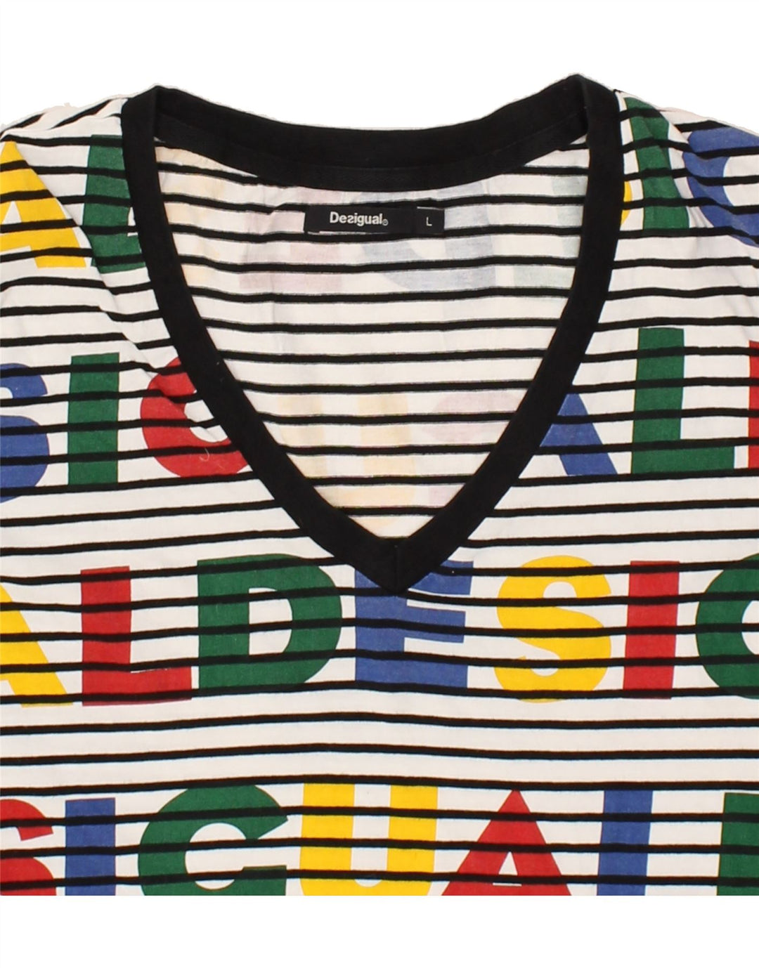 DESIGUAL Damen Grafik T-Shirt Top UK 14 Medium Mehrfarbig gestreift