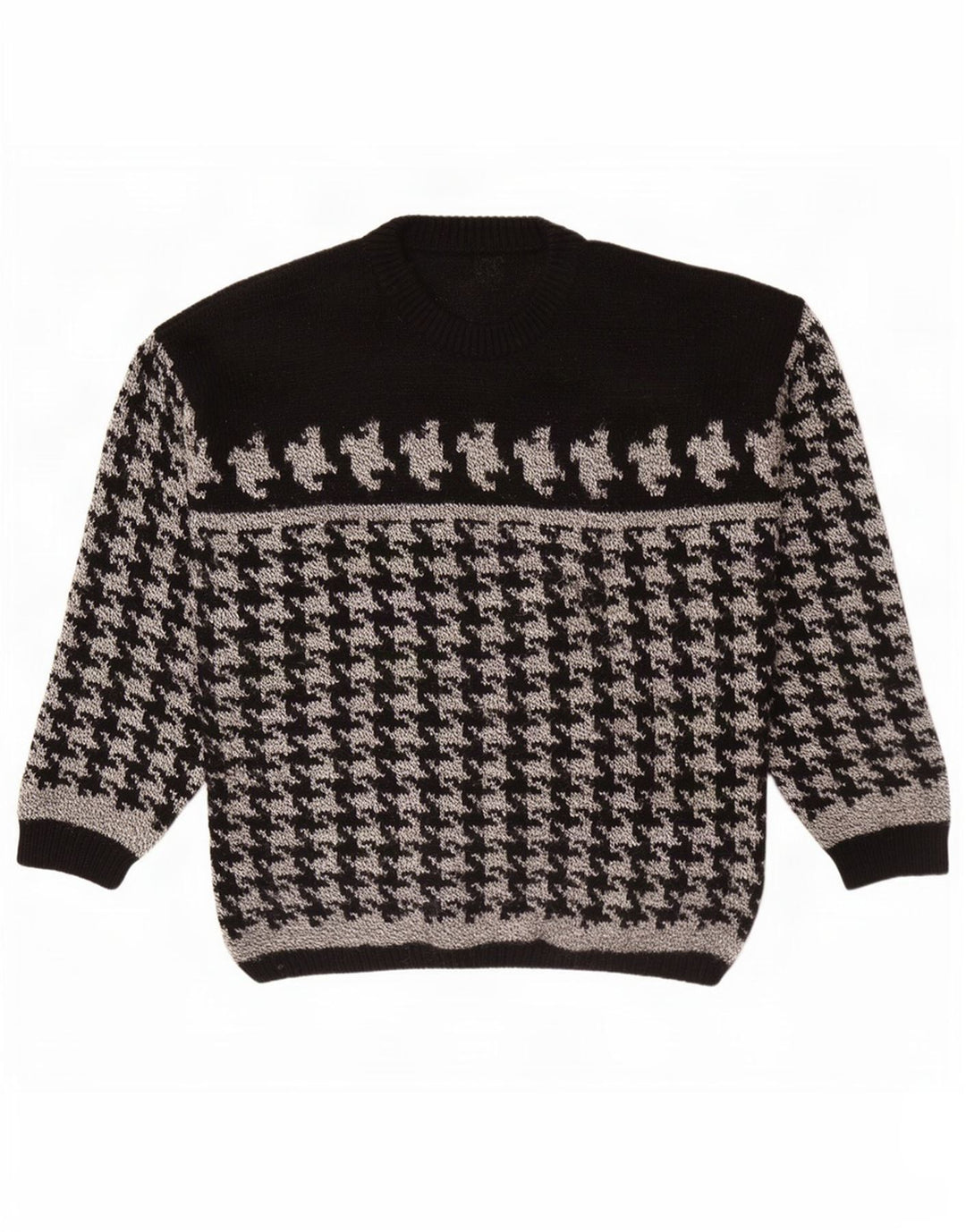 Vintage Herren-Pullover mit Rundhalsausschnitt, Mittelgroßer schwarzer Hahnentrittmuster