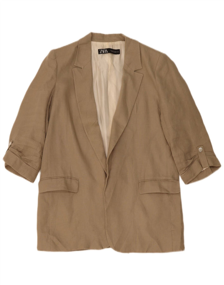 Zara Damen-Blazer mit 3/4-Ärmeln, offen, UK 14, mittelbeigeiges Leinen