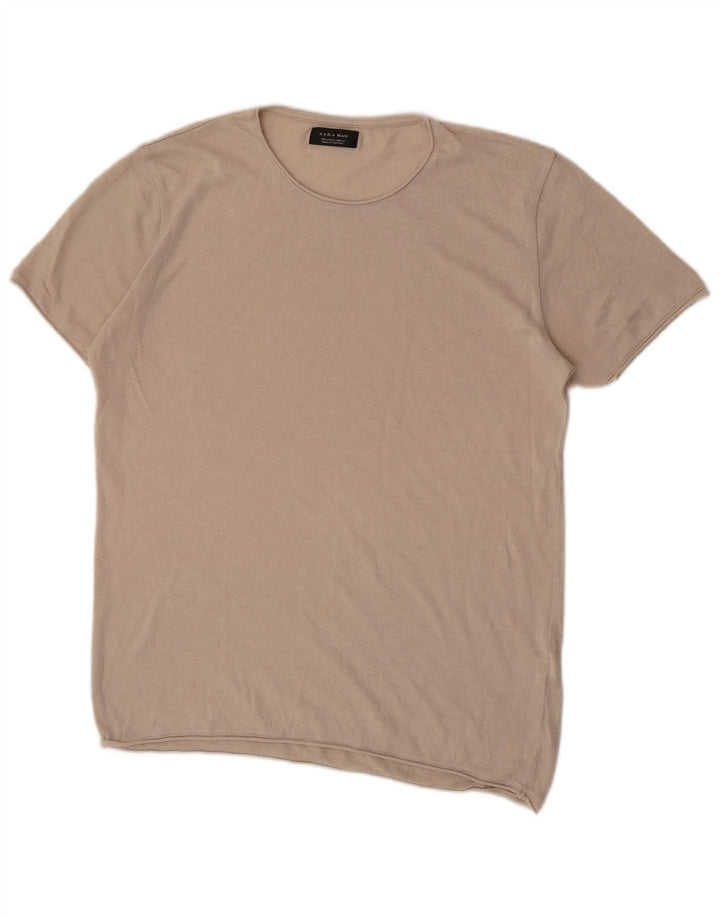 Zara Herren T-Shirt Top Large Beige Baumwolle