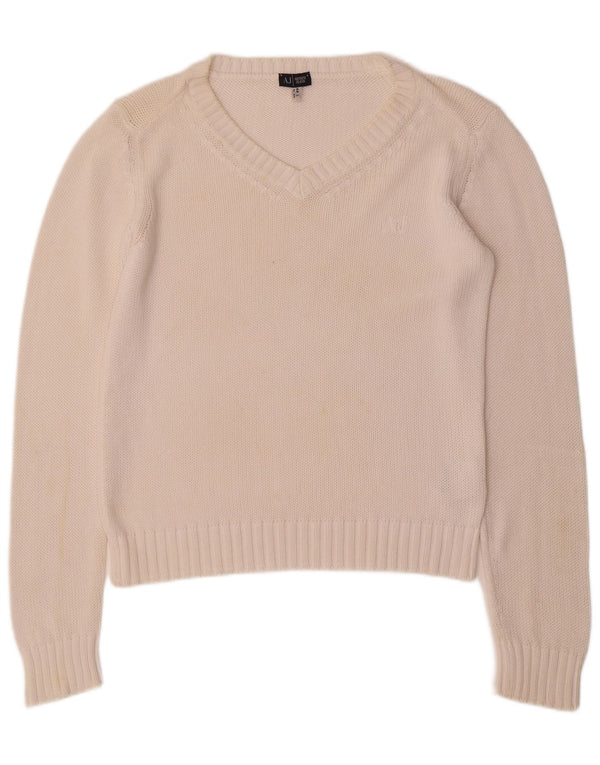 ARMANI JEANS Damen-Pullover mit V-Ausschnitt, UK 16, Größe L, weiße Baumwolle