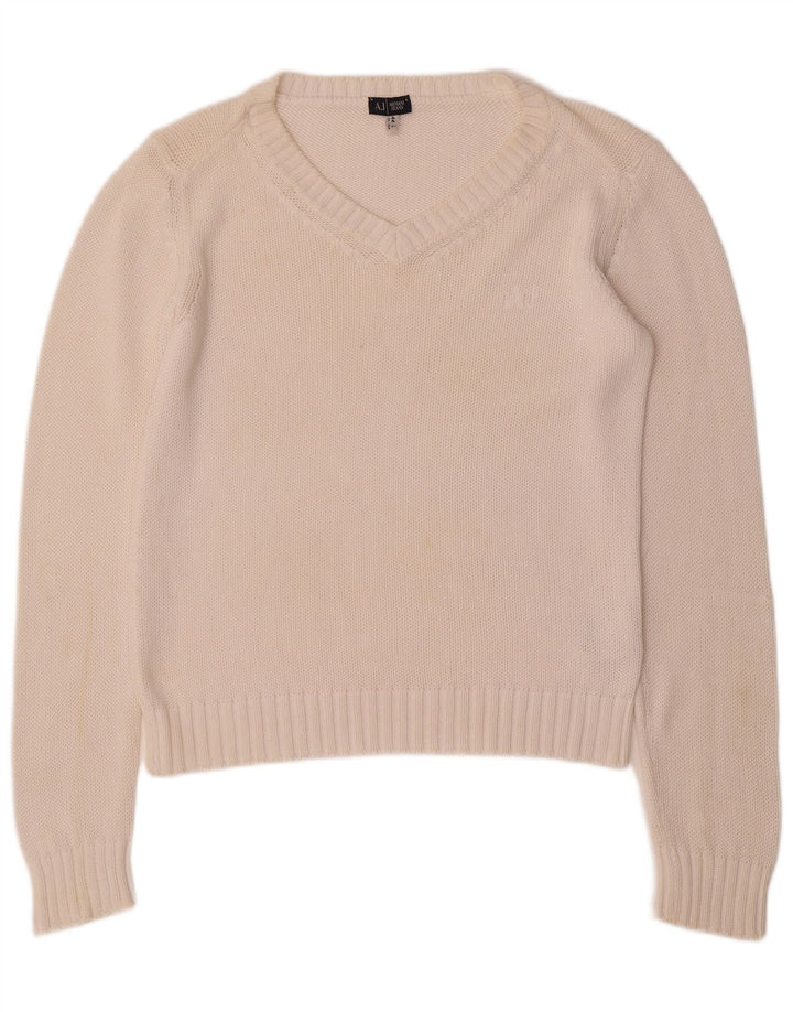 ARMANI JEANS Damen-Pullover mit V-Ausschnitt, UK 16, Größe L, weiße Baumwolle