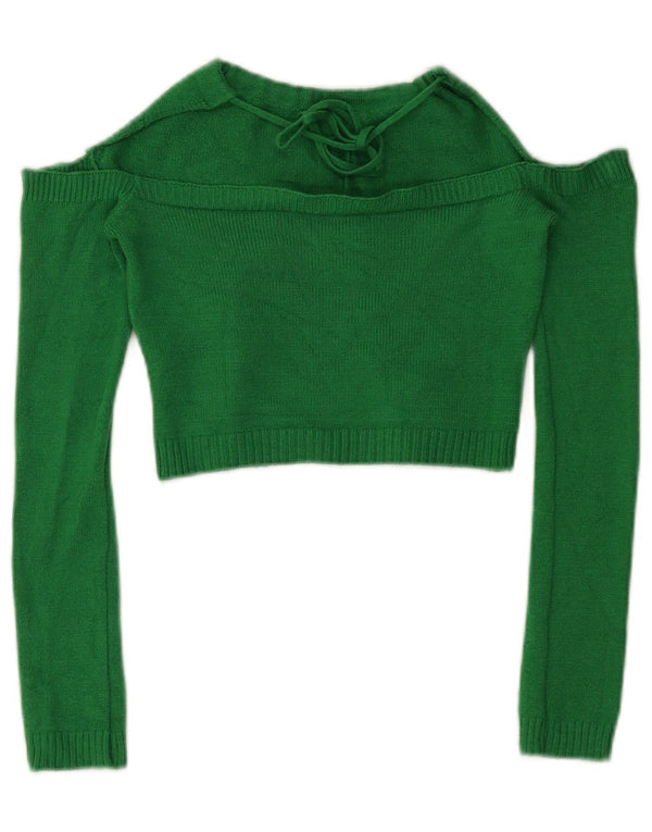 Vintage Damen Crop Knit Off Shoulder Neckholder Top UK 12 Mittelgrüne Viskose