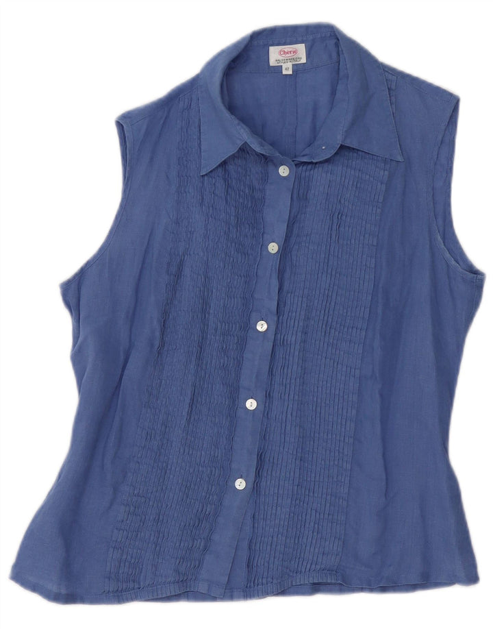 CHERIE Damen ärmellose Hemdbluse IT 42 Mittelblaues Leinen
