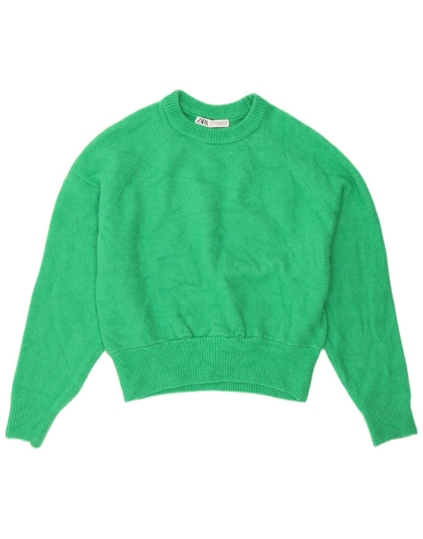 Zara Damen Crop Crew Neck Pullover Pullover UK 14 Mittelgrünes Acryl