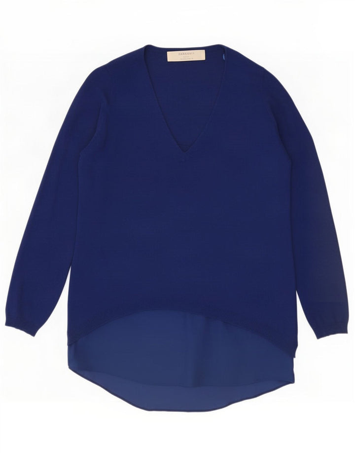 Zara Damen Langarm-Tunika-Top UK 14 Mittelblaue Viskose