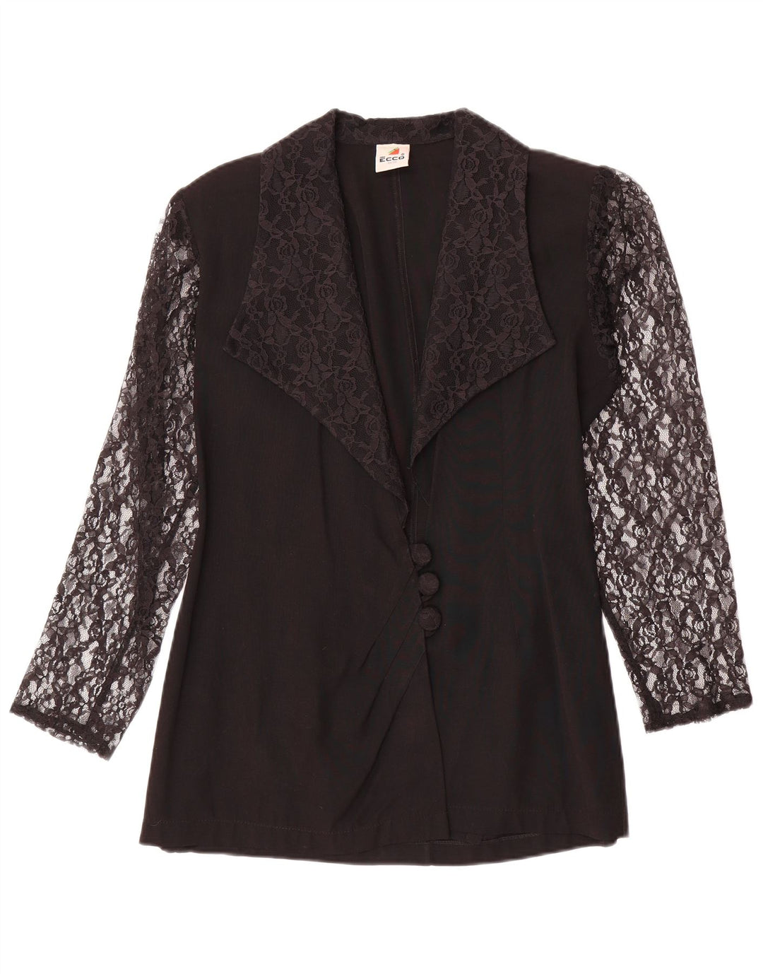 Ecco Damen 3-Knopf-Blazerjacke EU 34/36 Kleine schwarze Viskose mit Blumenmuster