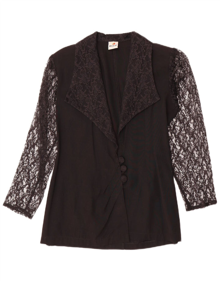 Ecco Damen 3-Knopf-Blazerjacke EU 34/36 Kleine schwarze Viskose mit Blumenmuster