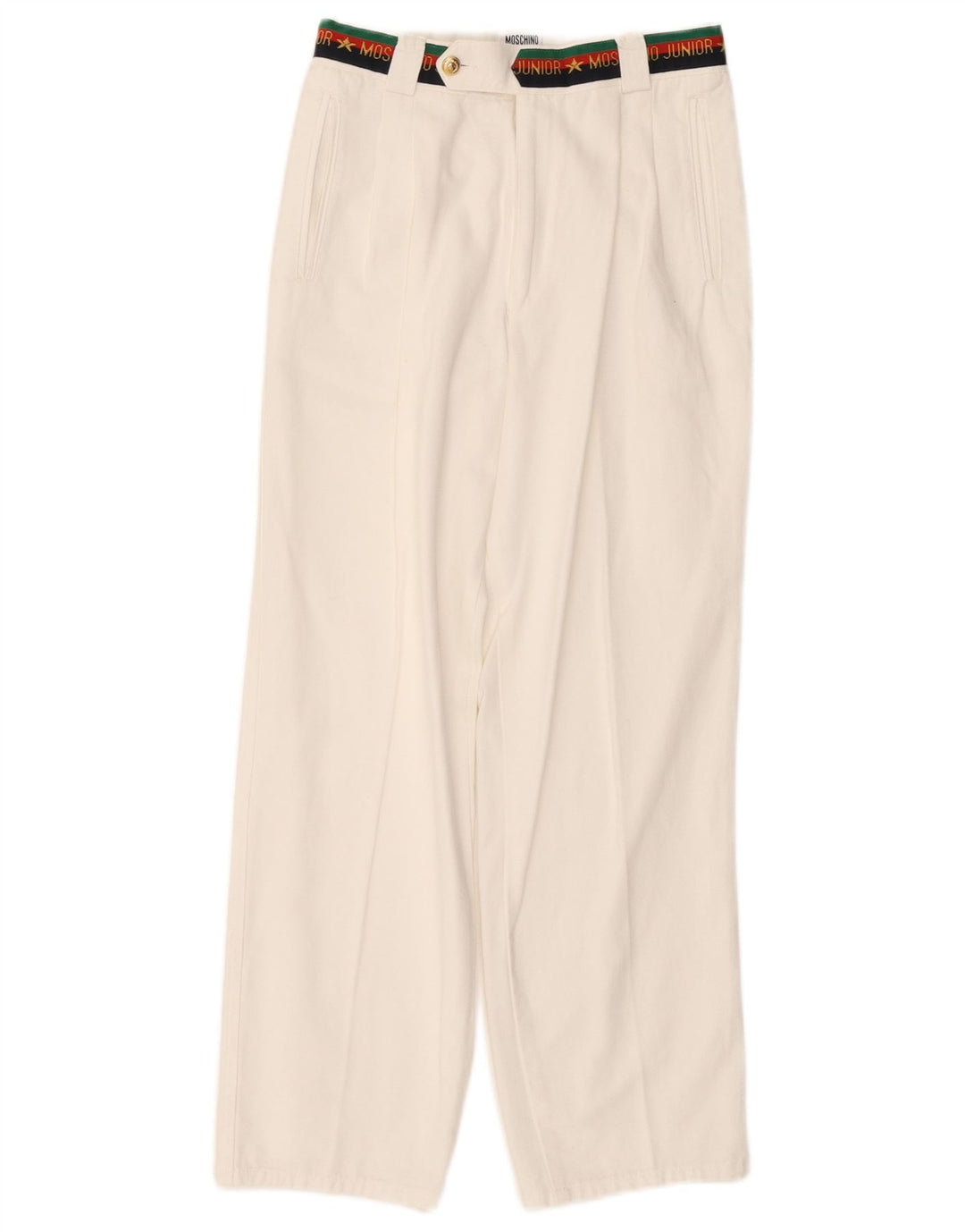 MOSCHINO Jungen-Anzughose mit grafischen Klammern, 9–10 Jahre, W24 L25, weiße Baumwolle