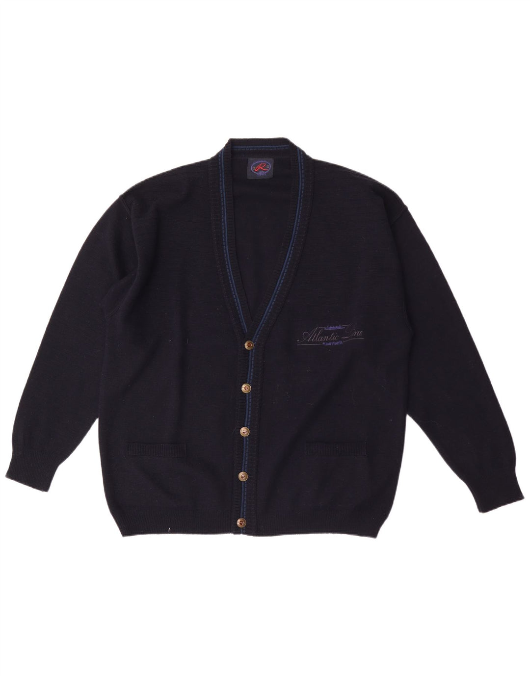 Vintage Herren Grafischer Cardigan Pullover XL Marineblaue Wolle