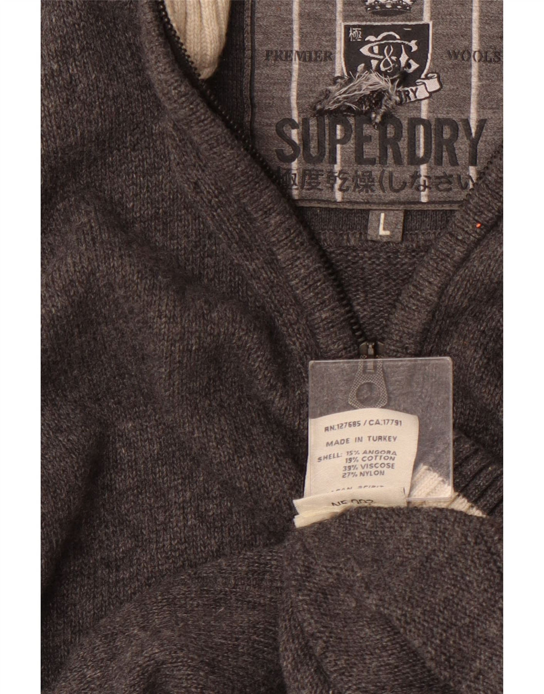 SUPERDRY Herren-Pullover mit Reißverschluss am Hals, große graue Viskose