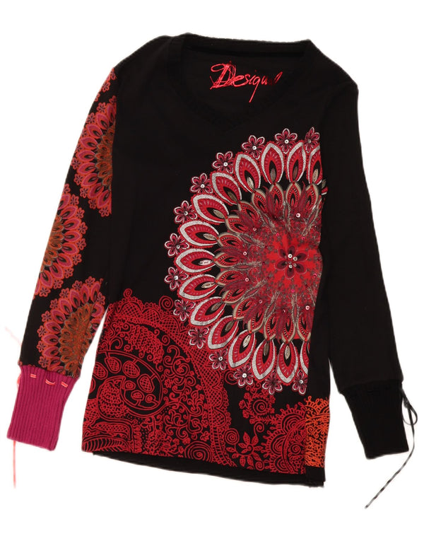 Desigual Womens Graphic Top Langarm UK 14 Große schwarze Paisley-Baumwolle
