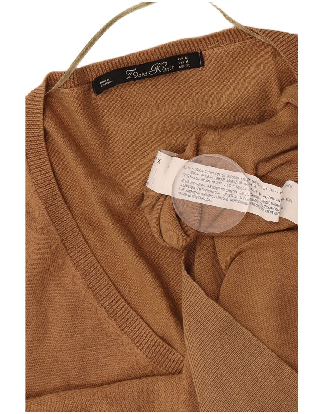 Zara Damen-Pullover mit V-Ausschnitt, UK 14, mittelbeige Baumwolle