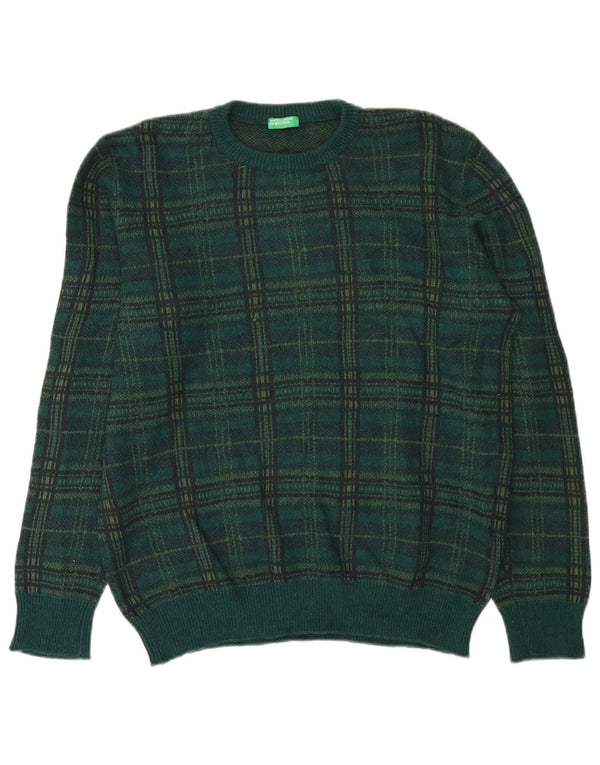 Benetton Herren-Pullover mit Rundhalsausschnitt, XL, grün karierte Wolle